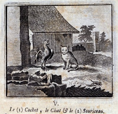 A Cochet a macska és az egér. Jean de La Fontaine (1621-95) meséi. Illusztráció: François Chauveau (1613-1676). 1728-as kiadás. alkotó: Francois Chauveau
