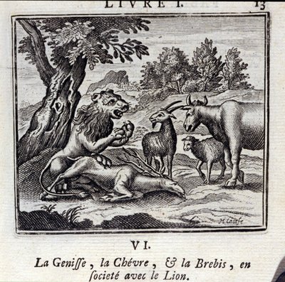 A Genisse a Gove és a Bárány az Oroszlán társaságában. Jean de La Fontaine (1621-95) meséi. Illusztráció: François Chauveau (1613-1676). 1728-as kiadás. alkotó: Francois Chauveau