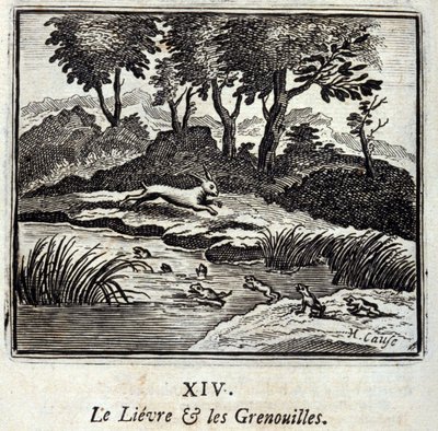 A nyúl és a békák. Jean de La Fontaine (1621-95) meséi. Illusztráció: Francois Chauveau (1613-1676). 1728-as kiadás. alkotó: Francois Chauveau