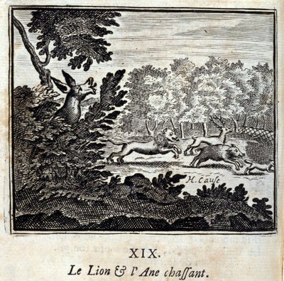 Az oroszlán és a szamár vadászata. Jean de La Fontaine (1621-95) meséi. Illusztráció: François Chauveau (1613-1676). 1728-as kiadás. alkotó: Francois Chauveau