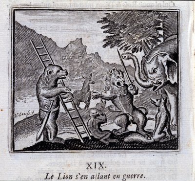 Az oroszlán háborúba indul. Jean de La Fontaine (1621-95) meséi. Illusztráció: Francois Chauveau (1613-1676). 1728-as kiadás. alkotó: Francois Chauveau