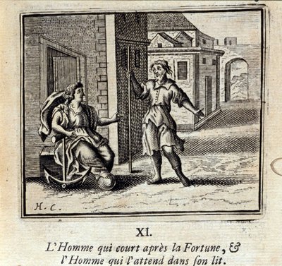 A Férfi, aki a Szerencse után fut, és a Férfi, aki az ágyban várja őt. Jean de La Fontaine (1621-95) meséi. Illusztráció: François Chauveau (1613-1676). 1728-as kiadás. alkotó: Francois Chauveau