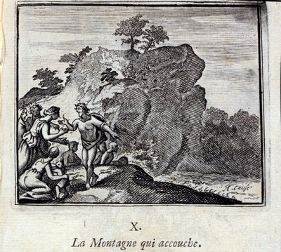 A hegy szülése. Jean de La Fontaine (1621-95) meséi. Illusztráció: Francois Chauveau (1613-1676). 1728-as kiadás. alkotó: Francois Chauveau