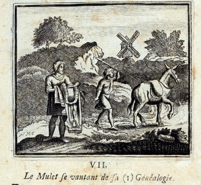 A Mullet a genealógiájával kérkedik. Jean de La Fontaine (1621-95) meséi. Illusztráció: François Chauveau (1613-1676). 1728-as kiadás. alkotó: Francois Chauveau