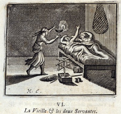 Az öreg hölgy és a két szolga. Jean de La Fontaine (1621-95) meséi. Illusztráció: François Chauveau (1613-1676). 1728-as kiadás. alkotó: Francois Chauveau