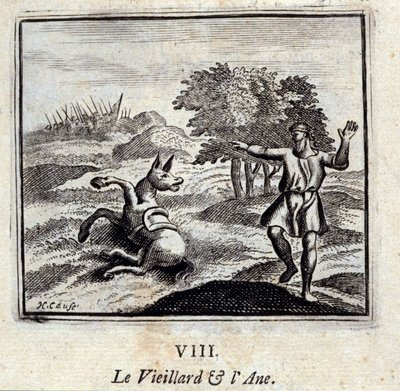 Az öregember és a szamár. Jean de La Fontaine (1621-95) meséi. Illusztráció: François Chauveau (1613-1676). 1728-as kiadás. alkotó: Francois Chauveau