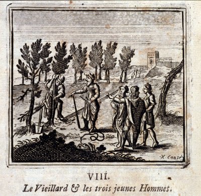 Az öreg és a három fiatalember. Jean de La Fontaine (1621-95) meséi. Illusztráció: François Chauveau (1613-1676). 1728-as kiadás. alkotó: Francois Chauveau