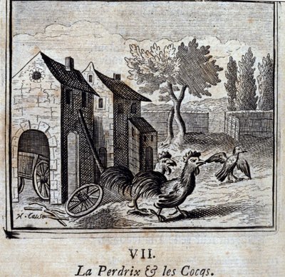 A fogoly és a kakasok. Jean de La Fontaine (1621-95) meséi. Illusztráció: François Chauveau (1613-1676). 1728-as kiadás. alkotó: Francois Chauveau