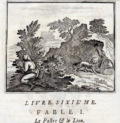 A Pátra és az Oroszlán. Jean de La Fontaine (1621-95) meséi. Illusztráció: François Chauveau (1613-1676). 1728-as kiadás. alkotó: Francois Chauveau
