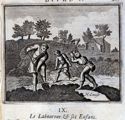 A Ploureur és gyermekei. Jean de La Fontaine (1621-95) meséi. Illusztráció: Francois Chauveau (1613-1676). 1728-as kiadás. alkotó: Francois Chauveau