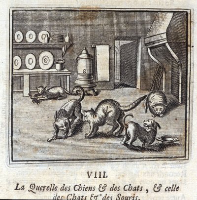 A Kutyák és Macskák Querelle, valamint a Macskák és Egerek Querelle. Jean de La Fontaine (1621-95) meséi. Illusztráció: François Chauveau (1613-1676). 1728-as kiadás. alkotó: Francois Chauveau