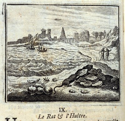 The Rat and the Oyer.Fables Jean de La Fontaine (1621-95). Illusztráció: Francois Chauveau (1613-1676). 1728-as kiadás. alkotó: Francois Chauveau