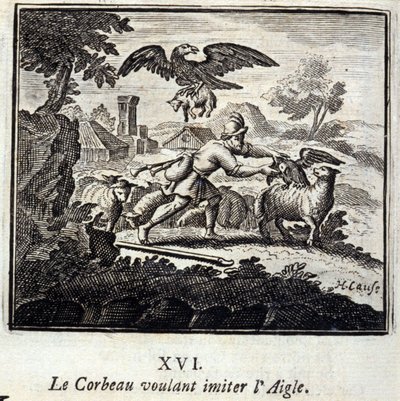 A holló a Sast akarja utánozni. Jean de La Fontaine (1621-95) meséi. Illusztráció: François Chauveau (1613-1676). 1728-as kiadás. alkotó: Francois Chauveau