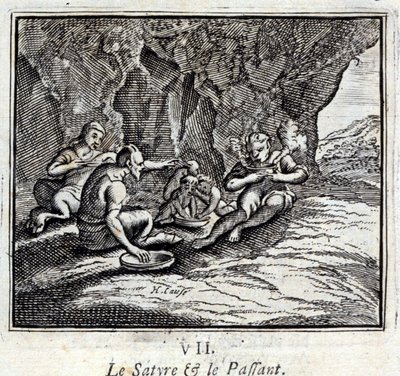 A szatír és az utas. Jean de La Fontaine (1621-95) meséi. Illusztráció: François Chauveau (1613-1676). 1728-as kiadás. alkotó: Francois Chauveau