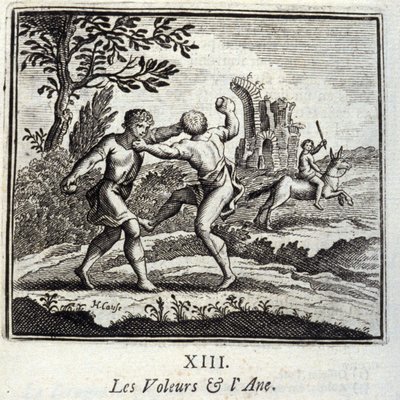 Jean de La Fontaine (1621-95) The Thieves and the Ane.Fables. Illusztráció: Francois Chauveau (1613-1676). 1728-as kiadás. alkotó: Francois Chauveau