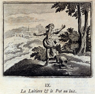 A tejtermék és a tejesüveg. Jean de La Fontaine (1621-95) meséi. Illusztráció: François Chauveau (1613-1676). 1728-as kiadás. alkotó: Francois Chauveau
