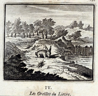A Lievre füle. Jean de La Fontaine (1621-95) meséi. François Chauveau (1613-1676) illusztrációja. 1728-as kiadás. alkotó: Francois Chauveau