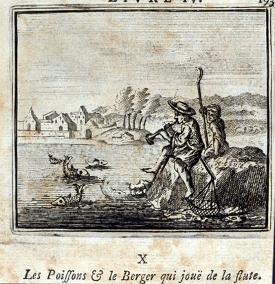 A hal és a pásztor furulyázik. Jean de La Fontaine (1621-95) meséi. Illusztráció: François Chauveau (1613-1676). 1728-as kiadás. alkotó: Francois Chauveau