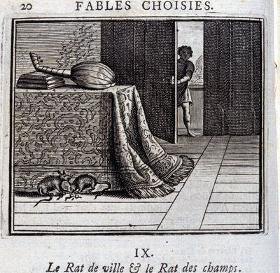 A városi patkány és a mezei patkány. Jean de La Fontaine (1621-95) meséi. Illusztráció: François Chauveau (1613-1676). 1728-as kiadás. alkotó: Francois Chauveau
