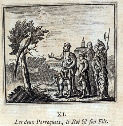 A két papagáj a király és a fia. Jean de La Fontaine (1621-95) meséi. Illusztráció: Francois Chauveau (1613-1676). 1728-as kiadás. alkotó: Francois Chauveau