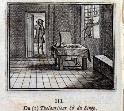 Tezaurizáló és majom. Jean de La Fontaine (1621-95) meséi. Illusztráció: Francois Chauveau (1613-1676). 1728-as kiadás. alkotó: Francois Chauveau