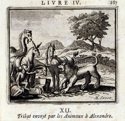 Az Állatok tisztelgés Sándornak. Jean de La Fontaine (1621-95) meséi. Illusztráció: Francois Chauveau (1613-1676). 1728-as kiadás. alkotó: Francois Chauveau