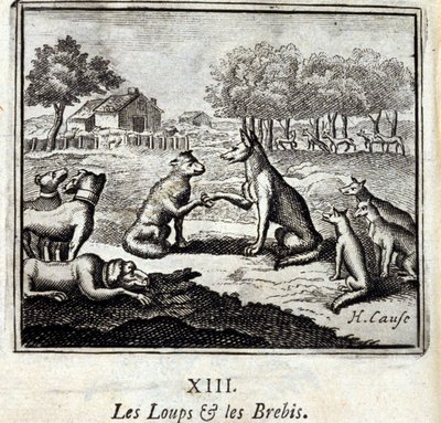Farkasok és birkák. Jean de La Fontaine (1621-95) meséi. Illusztráció: Francois Chauveau (1613-1676). 1728-as kiadás. alkotó: Francois Chauveau