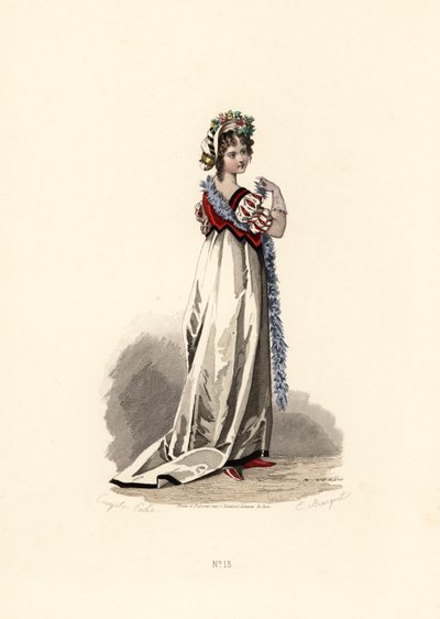 Nő fehér ruhában, fekete bársony díszítéssel. alkotó: Francois Claudius (after) Compte Calix