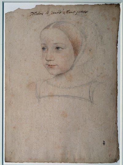 Marguerite de France (1523-1574) gyermekének, I. Francois Savoyai hercegnő lányának portréja Rajz fekete kővel, vérrel, Francois Clouet (1515-1572) akvarelljeivel kiemelve, 16. század Chantilly, Musee Conde alkotó: François Clouet