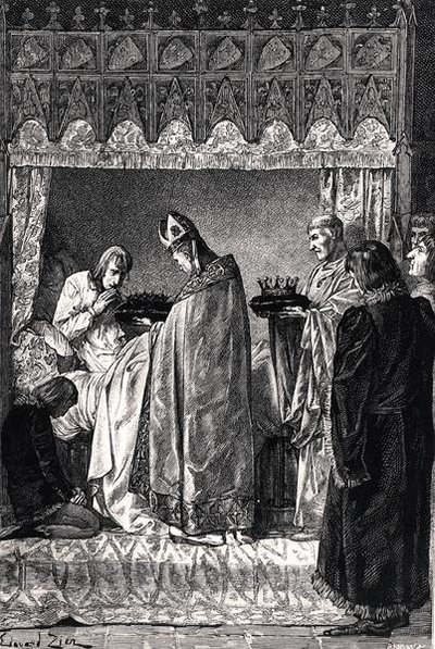 V. Károly (1338-80) halálos ágyán, nagy vallási odaadással vette át a töviskoronát, Guizot asszony „Les Chroniqueurs de l