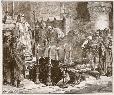 Fitz-Arthur megtiltja Vilmos eltemetését, illusztráció a „Cassell illusztrált Anglia történetéből” (szépia fotó) alkotó: Francois Edouard Zier