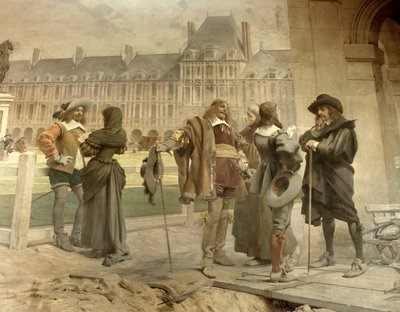 Pascal és Desargues bemutatja Descartes-nak a levegő gravitációjával kapcsolatos tapasztalatait: a fiatal matematikus, Blaise Pascal (1623-1662) és Girard Desargues (1591-1661) a légköri nyomásról alkotott elméletét tárgyalja Rene Descartes-szal (1596-1650 alkotó: Francois Flameng