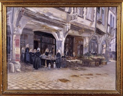 Piac a tornácok alatt Dinanban – F. Gombeaux, 19. század vége alkotó: Francois Gombeaux