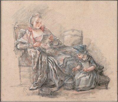 Olvasó nő és egy lány, aki de Pompadour márkinét játszik lányával, Alexandrine-nal, 1748 körül alkotó: Francois Guérin