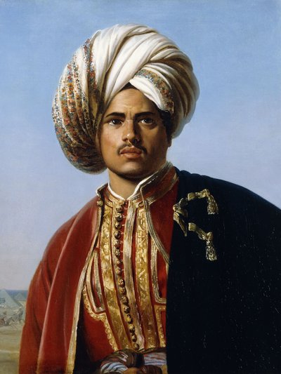 Egy oszmán herceg portréja, félalakos, vörös és arany színben, alkotó: Francois Henri Alexandre La Fond