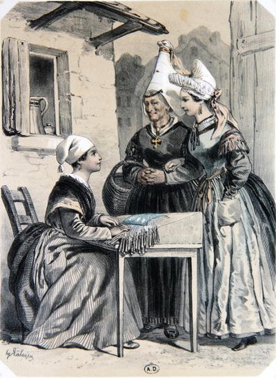 Csipkeverők a normandiai Caenből, a „La Normandie Illustree”-ből, Charpentier metszetében, Nantes-ban 1852-ben megjelent (színes litho) alkotó: Francois Hippolyte (after) Lalaisse