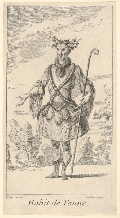 Habit de Faune: faun, jobbjában bot h..., kb. 1721. alkotó: Francois Joullain
