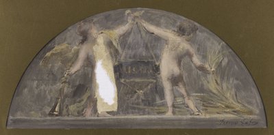 Vázlat a párizsi Hôtel de Ville de Paris ebédlőjéhez, az egyik gyermek trombitát tart, a másik egy nagy dobozt emelő kévét emel alkotó: Francois Lafon