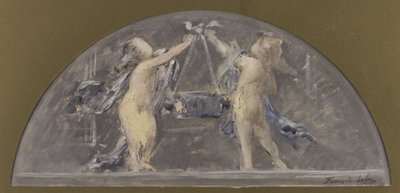 Vázlat a párizsi Hôtel de Ville de Paris ebédlőjéhez, két gyermek együtt emel egy nagy dobozt. alkotó: Francois Lafon