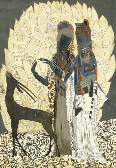 Két stilizált nő egy antiloppal lombok között, 1928 körül (lakk és coquille d