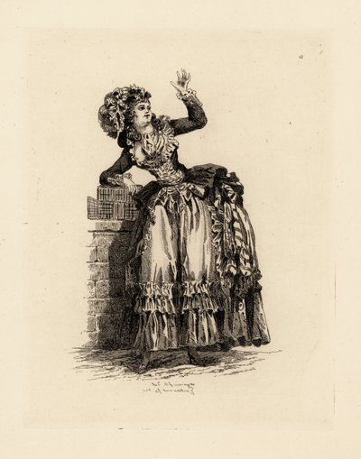 Divatos nő motorháztetőben a la Nicolet, Marie Antoinette korszaka (rézkarc) alkotó: Francois Louis Joseph (after) Watteau