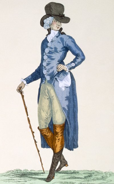 A királyi ház mestere kidolgozott kék kabátban, Le Beau gravírozása, 256-os tábla a „Galeries des Modes et Costumes Francais”-ból, 1778-87 körül alkotó: Francois Louis Joseph Watteau