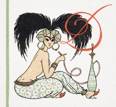 Arab lány vízipipa pipával, a Personages de Comedie pubból. 1922 (pochoir print) alkotó: Francois Louis Schmied