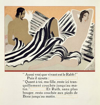 Ruth Boáz lábainál pihen, a „Ruth et Booz”-ból, J. C. Mardrus fordításában, 1930-ban jelent meg alkotó: Francois Louis Schmied