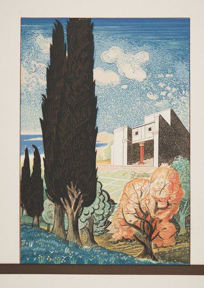 Templom ciprusfával, az Aiszkhülosz által elvarázsolt Prometheustól, kocsma. 1941 (sablonnyomat) alkotó: Francois Louis Schmied