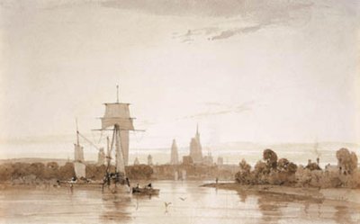 Kilátás a Szajnáról a roueni katedrális és a város felé. Reggel alkotó: Francois Louis Thomas Francia