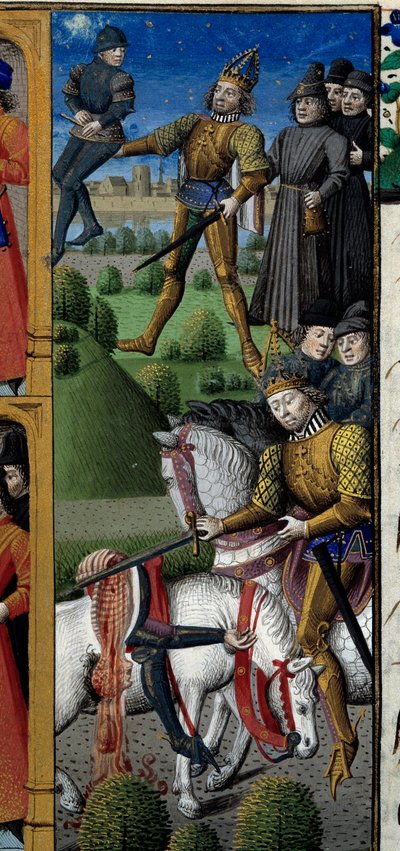 Jelenetek Nagy Károly (742-814) frank király életéből: harci jelenet. Majom. Miniatúra Vincent de Beauvais (1184/94-1264) „Speculum historiale” (Le Mirror historial) kéziratából, amelyet Francois mester (15. század) világított meg. alkotó: Maître François