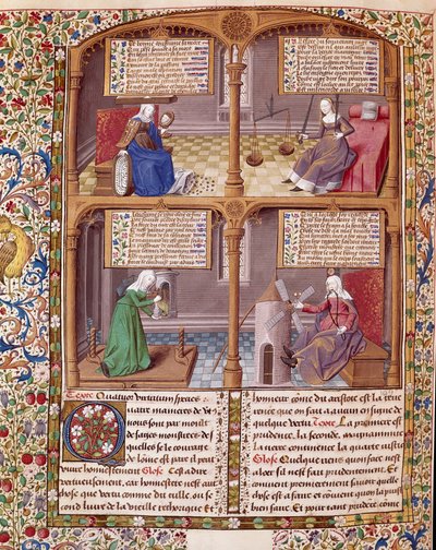 A négy kardinális vírus: óvatosság, erő, kontinencia és igazságosság. Az oldal Seneque (Lucius Annaeus Seneca, i. e. 4-65. JC), a sztoikus iskola filozófusa, drámaíró és római államférfi, Francois mester által megvilágított kéziratából vett oldal. alkotó: Maître François