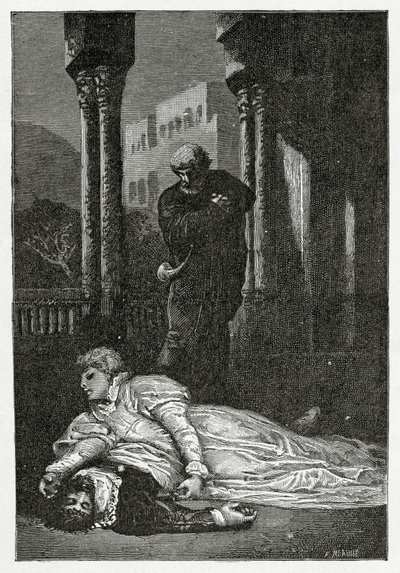 Dona Sol meghal Hernani holttestén, 19. század (bw metszet) alkotó: Francois Nicolas Chifflart