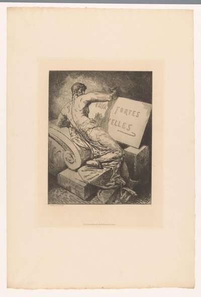 Címnyomat ember a kövön emlékművel Eaux Fortes Nouvelles (cím a tárgyon) Rézkarcok különböző nyomdászoktól 1877-ből (sorozat címe) L